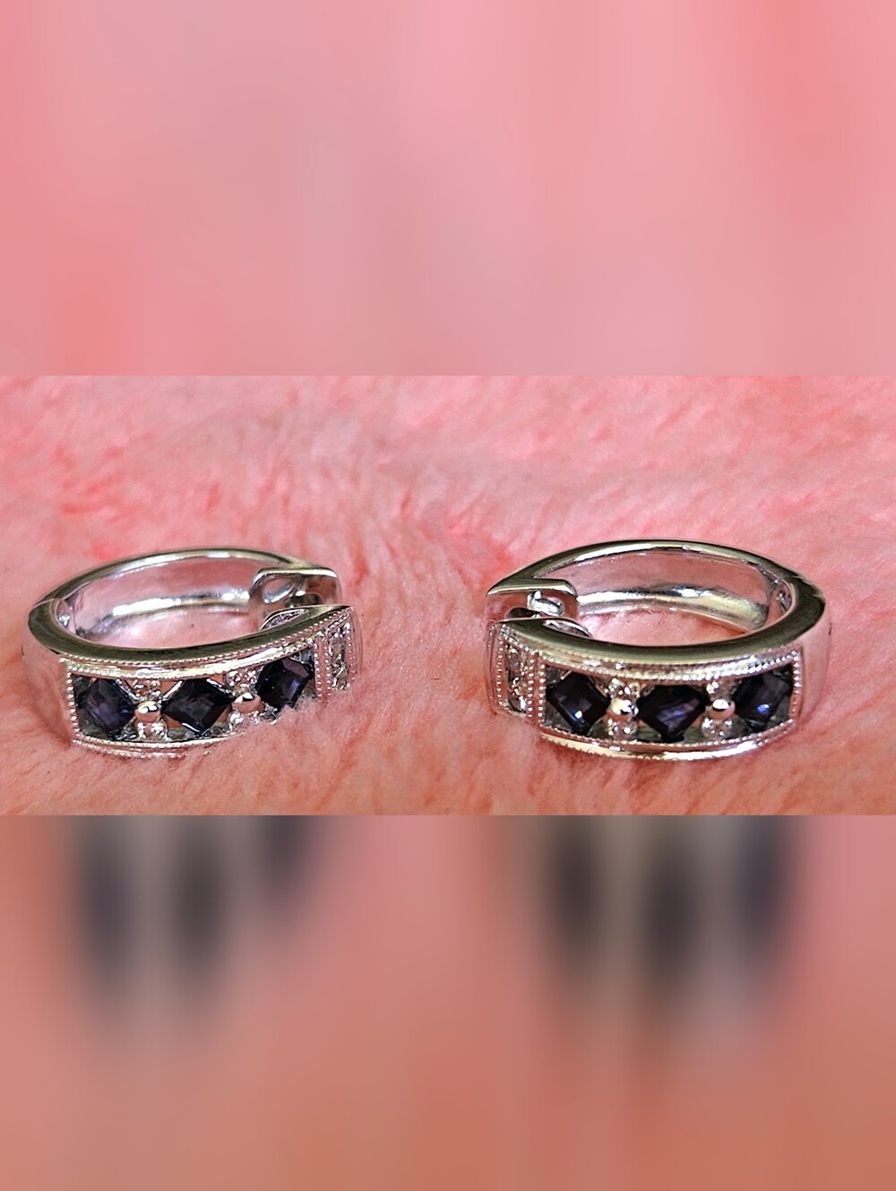 SOLID 14kt White Gold Princess Sapphires & Round Diamonds Huggie Earrings